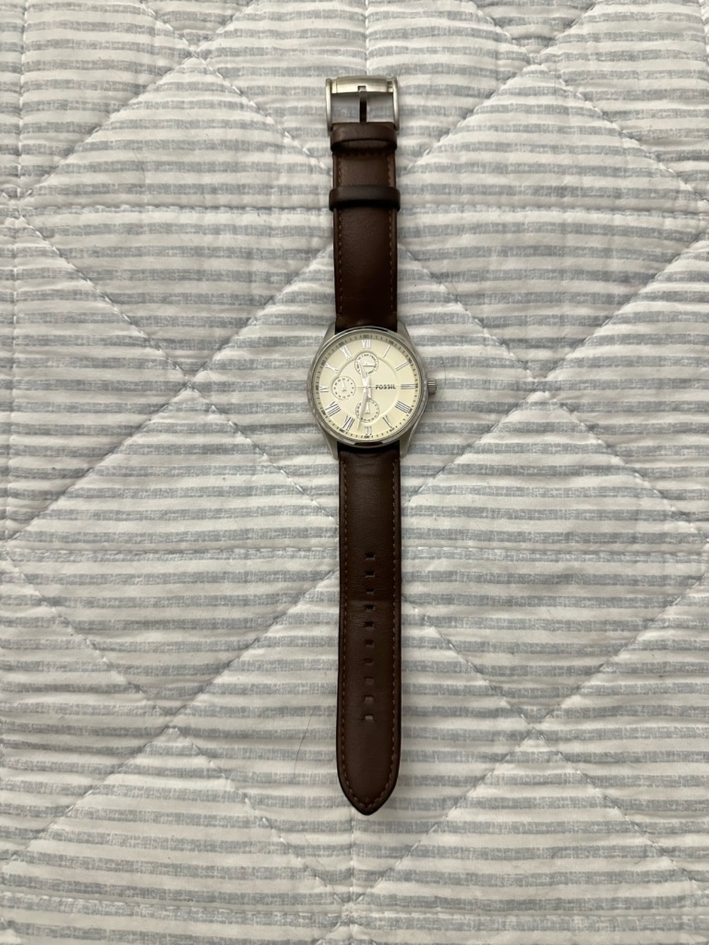 Fossil Brown Leather Strap Watch with Cream Dial and Silver Case